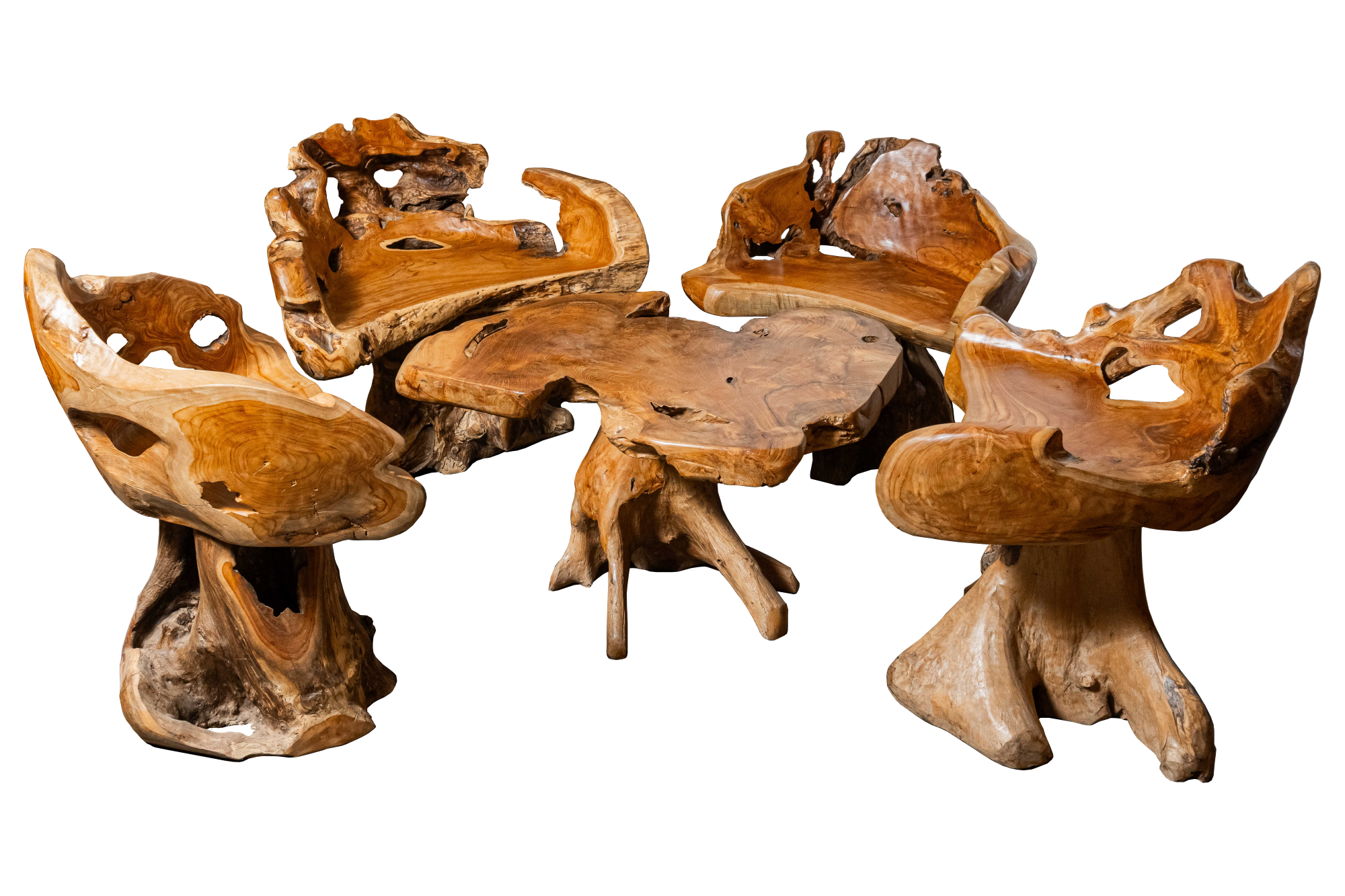 Rustic Teak Root Table Set with Sculpted Armchairs