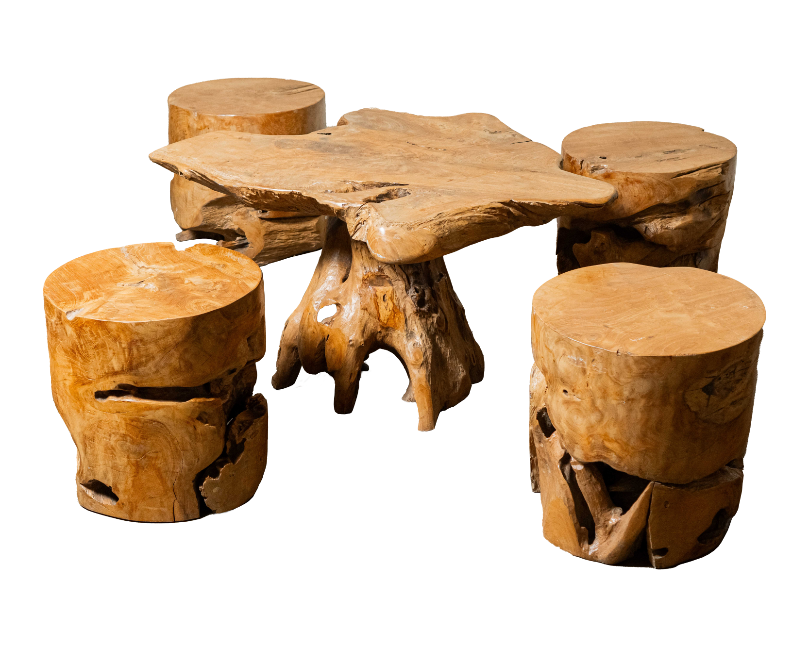 Teak Root Coffee Table Set with Natural Round Stools