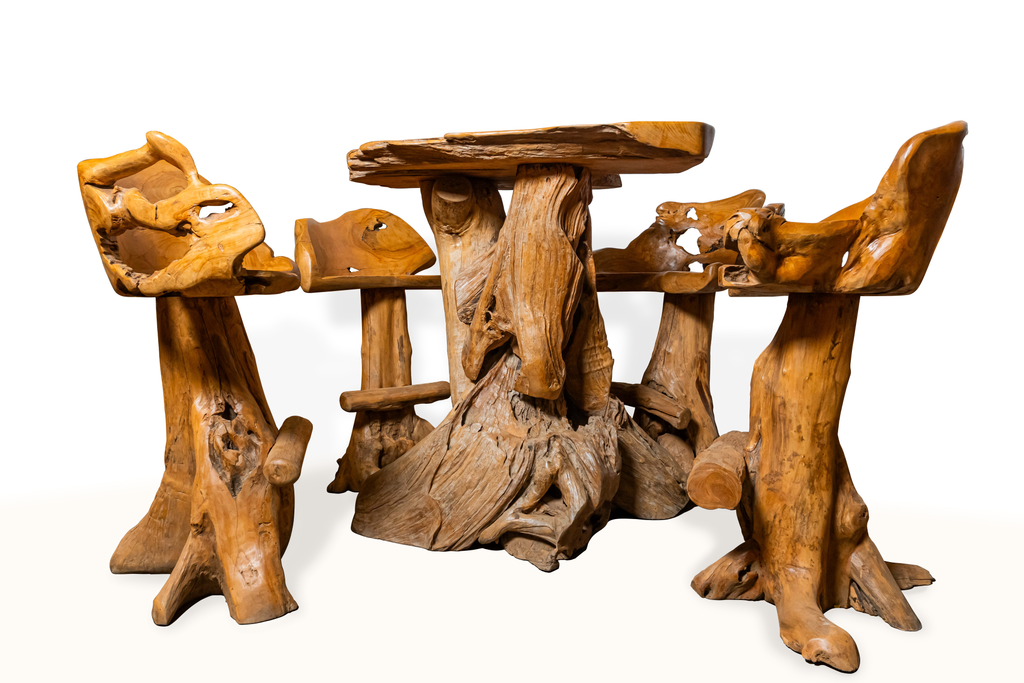 Rustic Teak Root Bar Table Set with Handmade Backrest Stools